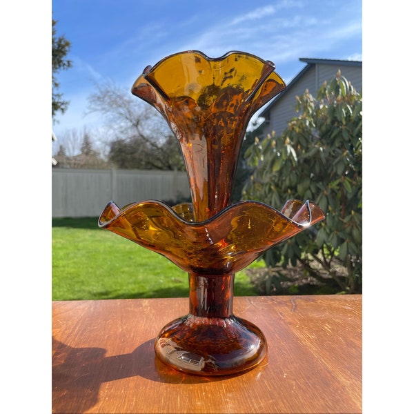 Vintage Brown Textured Blown Art Glass Two Piece Ruffled Epergne Flower Arrangement Vase Single Horn Table Centerpiece