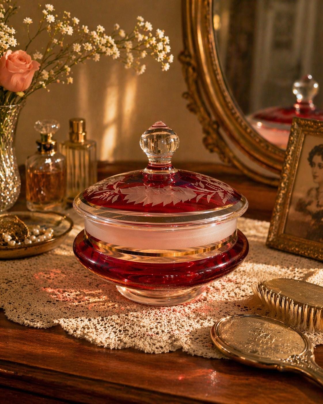 Vintage Bohemian Cranberry Cut Crystal Covered Dish: Etched Gold