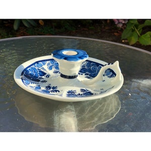 Vintage Blauw Delft Hand Painted Ceramic Candlestick Plate – Made in Holland – 2.5” Tall with Handle