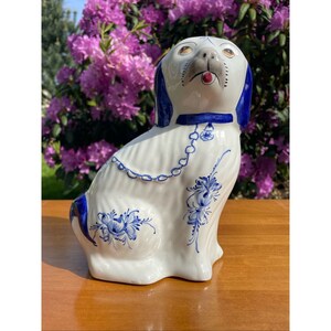 Vintage Whimsical Ceramic Dog Statue White & Cobalt Blue Hand Painted Home Office Decor Made in Portugal Bottom Signed