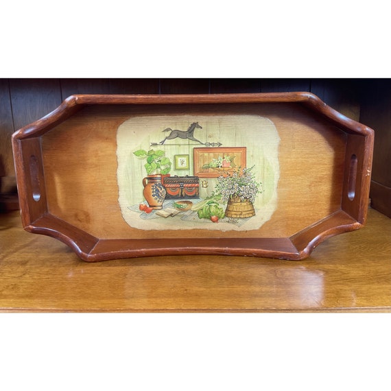 Vintage Rectangular Shaped Solid Wood Mid Century Handled Vintage