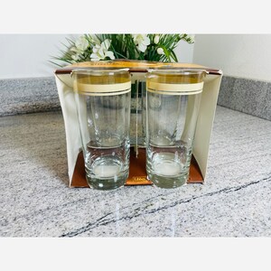 Vintage 1970s Unused In Box Libbey Bon Vivant Collection 15 oz. Cooler Glasses (Set of 4) Clear Glass Tan Striped Made In USA