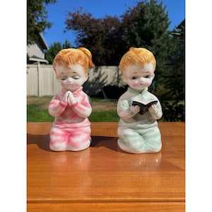 Vintage Pair of Cute Young Girl & Boy Praying On Knees Glazed Ceramic Figurine With Light Mount Bracket for Nightlight 6&quot; Made In Japan