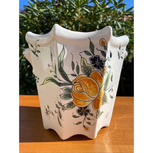 Vintage Hand Painted Floral Pattern shops Indoor Planter Flower Pot Home Garden Pottery Planter with Handles House Warming Gift Made In France
