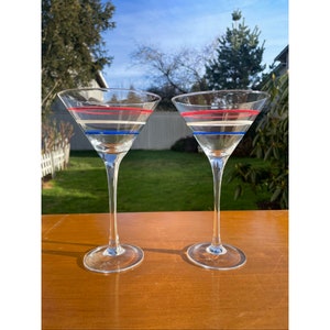 Mid Century Pair of Hand Painted Striped Red White Blue Patriotic Skinny Stem Martini Glasses