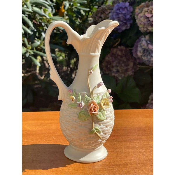 Lefton Antique Ivory Hand Painted Vase Numbered KW643 Vase Raised Floral Mini Pitcher by Lefton 7"