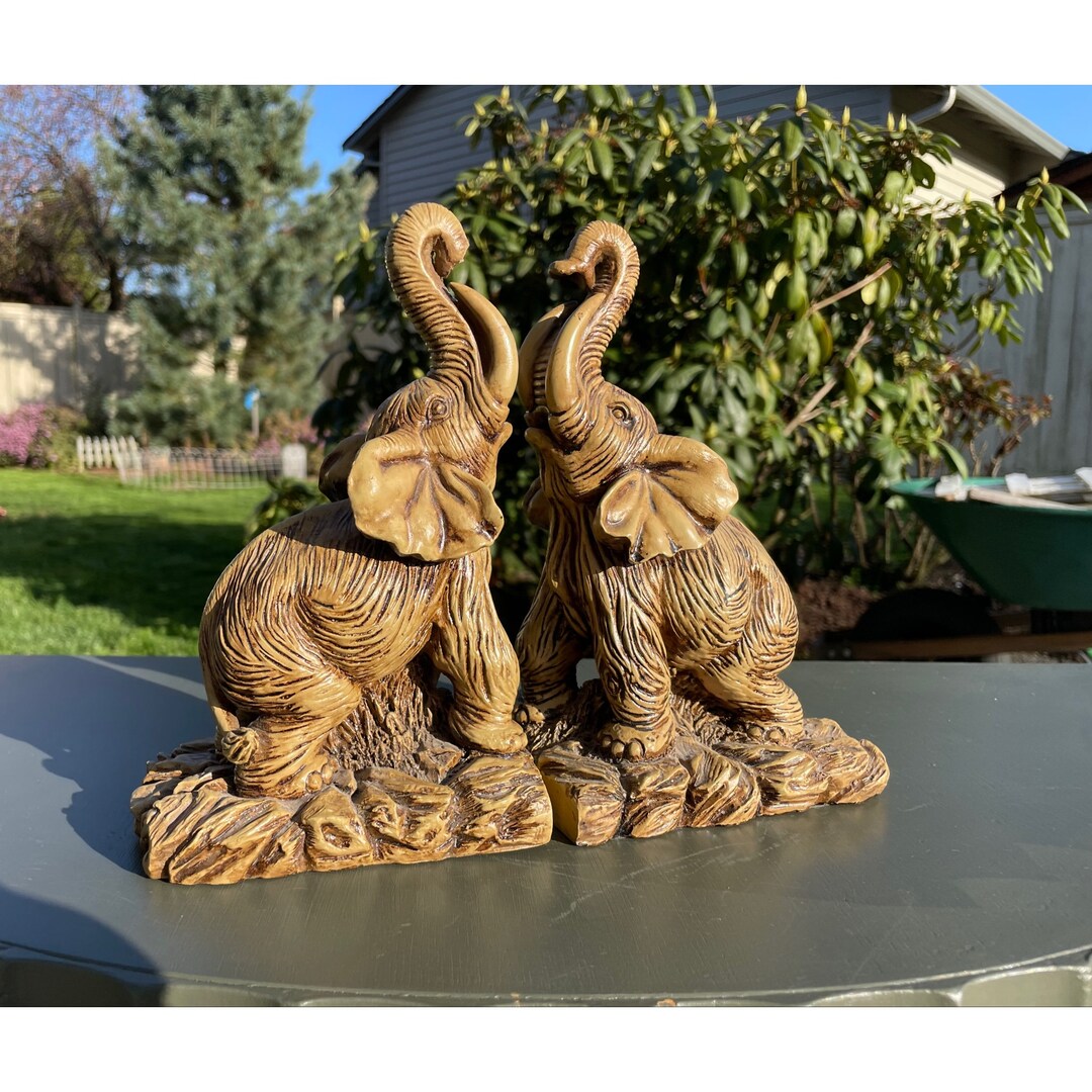 Vintage Sculptured Lucky Elephant Trunk up Decorative Polyresin Bookshelves Mid Century Bookends