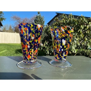 Vintage Large Heavy Mexico Hand Blown Colorful Confetti Art Multi Purpose 12 oz Beverage Margarita Cocktail Barware Dessert Glass Set of 2
