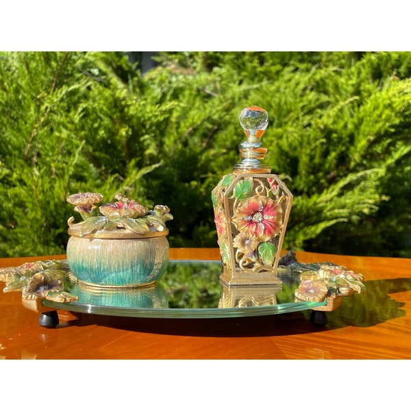 Vintage 3 Pcs. Vanity Set Heavily Jeweled Satin Gold Colorful Floral Leafy Enamel Footed Mirror Tray Fragrance Bottle Lidded Trinket Box