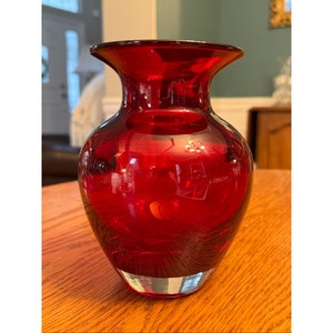 Vintage Ruby Red Cased Clear Bottom Heavy Blown Glass Floral Bud Vase Mid Century Home Accent Glass Jar