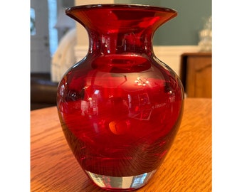 Vintage Ruby Red Cased Clear Bottom Heavy Blown Glass Floral Bud Vase Mid Century Home Accent Glass Jar