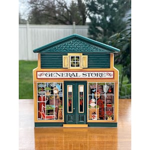 Vintage Avon McConnell&#39;s Corner General Store Christmas 1982 Ceramic Lidded Tea Bag Storage Container Made In Japan