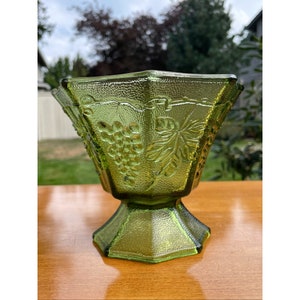 Vintage Avocado Green Glass Octagon Shape Grape Harvest Pattern Mid Century Footed Candy Dish Accent Table Vase Bowl Indiana Glass Co