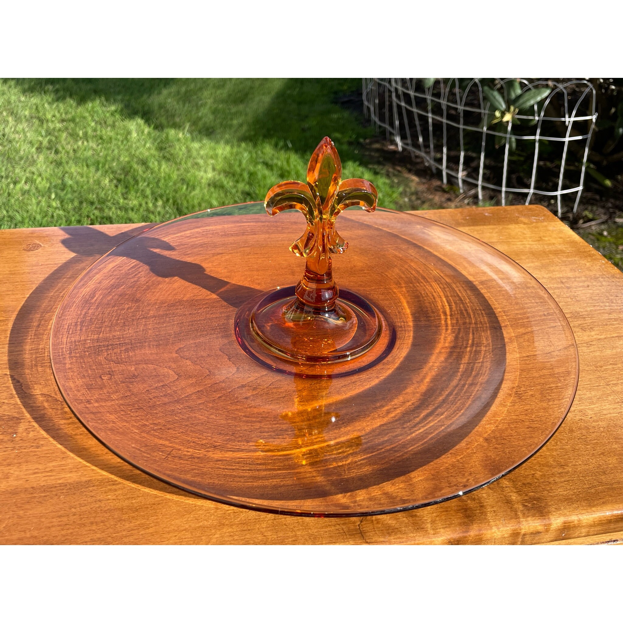Vintage Amber Glass Serving Tray With Fleurdelis Center Etsy