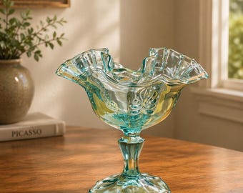 フェントン アンティークantique エメラルドグリーンバスケット アメリカ Vintage Fenton Art Glass Basket: Emerald Green, Lambs Tongue