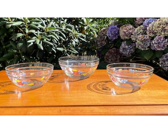 Vintage Set of 3 Durable Heat Resistance Small Nesting Glass Bowls Hand Painted with Floral Design