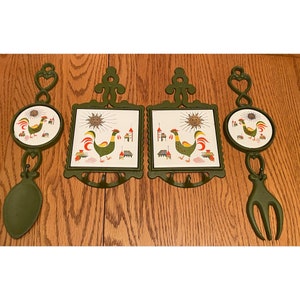 Vintage Dark Green Cast Iron with Ceramic Tile Wall Hanging Utensils Fork Spoon Trivets Retro Kirsch Kitchen Decor Made In Japan by HS Japan