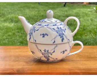 Vintage &quot;Rose Brocade&quot; Fine Porcelain Blue & Cream Tea For One Lidded Teapot with Cup by Skye McGhie