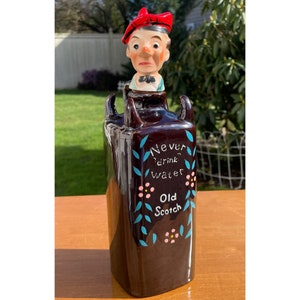 Vintage Hand Decorated RIES Japan Old Scotch Bottle Scottish Man Decanter w/Stopper Never Drink Water Old Scotch Ceramic Corked Decanter