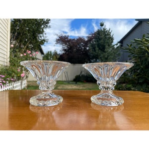 Vintage Pair of Flared Clear Blue Iridescent Art Glass Low Pedestal Aurora Petal Diamond Cut Scalloped Edge Heavy Candlestick Votive Holders