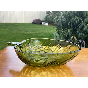Large Green Iridescent Grape Cluster Carnival Glass Bowl Embossed Grape Mid Century Green Glass Centerpiece