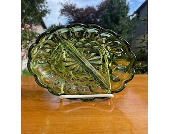 Vintage Avocado Green Glass Divided Dish Two Section Oval Fairfield Pattern Scalloped Edges Relish Dish Candy or Nuts by Anchor Hocking USA