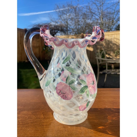 Vintage Fenton Art Glass Pitcher: Pink Crested Trellis, Hand