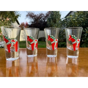 Vintage (Set of 4) Holiday 2 oz Tall Flared Kitschy Shot Glasses With Akta Dalahenslojd Horse by Pasabahce Turkey
