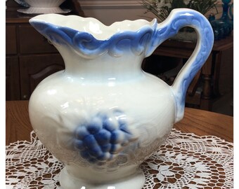 Large Vintage Glazed Ceramic Grapevine Detailed Handled Vase/Pitcher/Decorative Vase Off White Blue 9" Tall