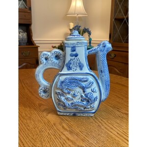Vintage Ceramic 1970s Asian Art Dragon And Bird w/Handle Pitcher/Home Accent/Home Decor/Home Art/Fine Home Art Blue White Asian Style Decor