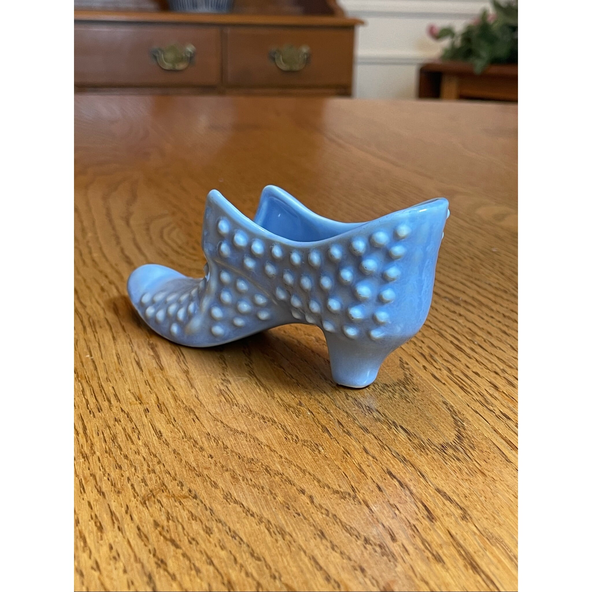 Vintage Fenton Style Light Blue Hobnail Shoe Porcelain Cat