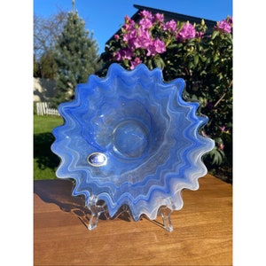 Vintage Lavorazione Arte Murano Blue Swirl Glass Dish – Italian Hand Blown Art Glass Bowl – Made in Italy