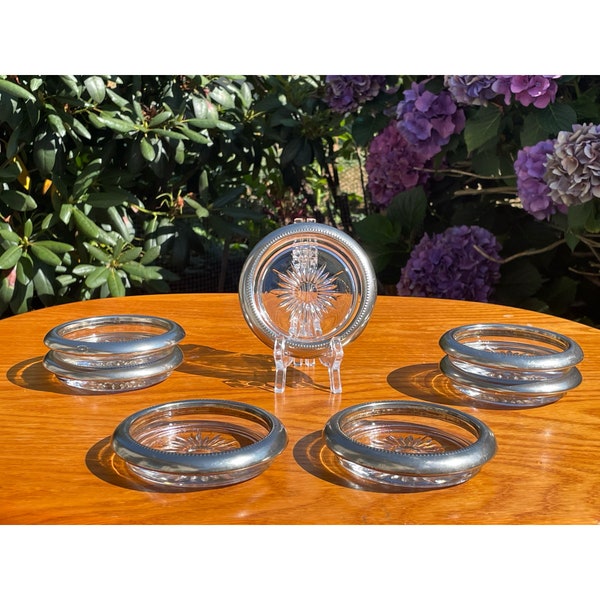Mid Century 1960s Stamped Leonard Silver-Plated Bezel w/Glass Sunburst/Starburst Coasters (Set of 7) Made in Italy
