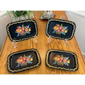 Vintage Style 1960s Mini Hand Painted Black Toile Trays/Square Tin Trays/Mini Serving Trays/Decorative Trays Set of 8