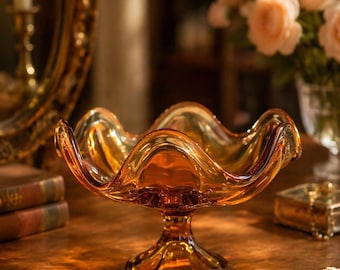 Vintage Viking Amber Glass Compote Dish – Mid-Century Petal Design