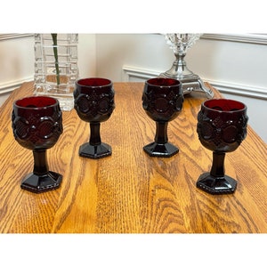 Vintage 4 oz. AVON 1876 Cape Cod Collection Pressed Glass Ruby Red Goblets/Classic Roman Rosette Pattern/1970s Footed Glasses/Set of 4