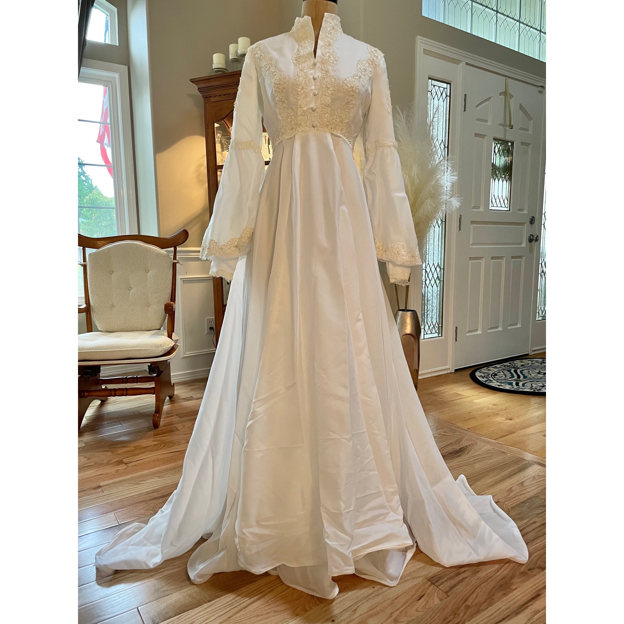 Vintage 1970s Preserved off White Sateen Wedding Dress Long Vintage 1970s Preserved off White Sateen Wedding Dress Long