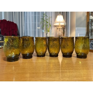 Vintage Set of 6 Hefty Pebbled Pattern Amber Green Bottom Marked SAUZA Tequila Shot Glasses Mid Century Bar Cart Decor 5 oz. Tequila Shots