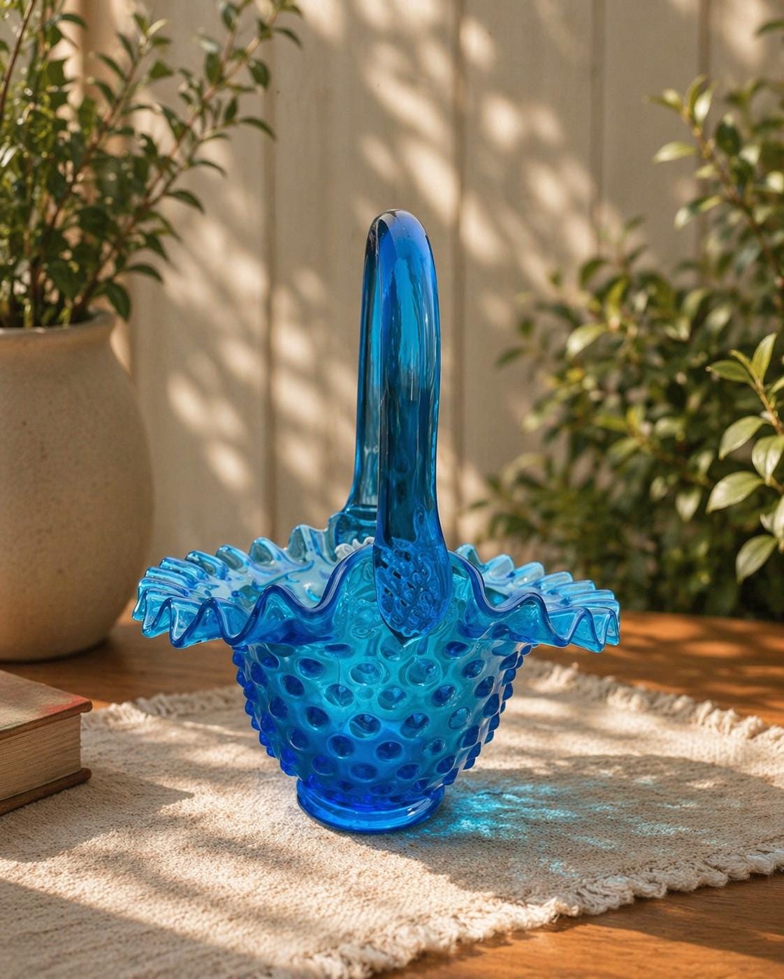 '50~'60 フェントン Fenton Blue Hobnail 美品 Fenton Colonial Blue Hobnail Glass Basket – Ruffled Edge, Applied