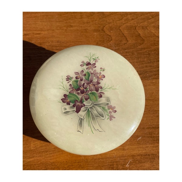 Vintage Genuine Alabaster Round Silver Hinged Hand Carved Purple Floral Bouquet Made In Italy Keepsake Gift Box Vanity Tray Trinket Box