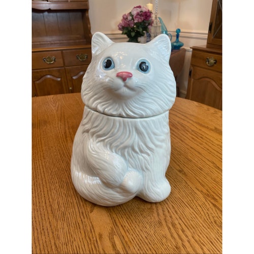 Mid Century 1960s Ceramic MDM White Cat Blue Eyes shops Lidded Cookie Jar by Metlox California USA