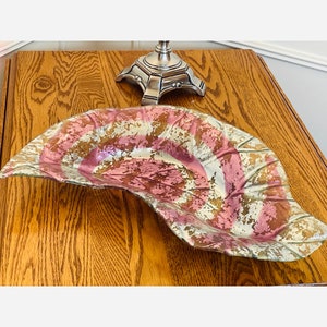 Rare Italian Glass Leaf Shaped Fused Clear Glass/Foiled Glass Centerpiece Platter/Silver & Pink Swirl Large Decorative Platter Made In Italy