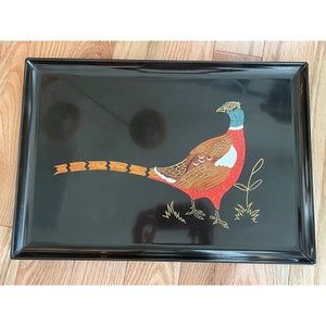 RARE 1950&#39;s Mid Century Large COUROC of Monterey California Black  Resin Serving  – Bird Inlay Tray – USA Made