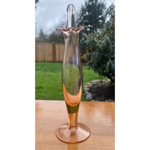 Rare Mid Century Viking Hand Made Art Glass Footed 9 1/2&quot; Tall Swung Vase Footed Cherry Blossom Pink