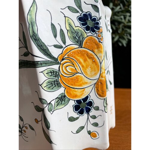 Vintage Hand Painted Floral Pattern shops Indoor Planter Flower Pot Home Garden Pottery Planter with Handles House Warming Gift Made In France