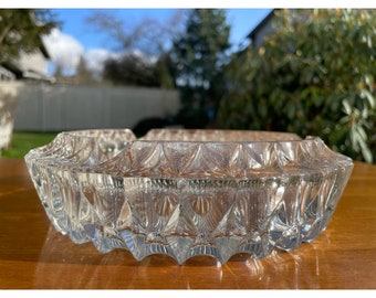 Vintage Spiked Cut Crystal Clear Heavy Glass Round  Diamond Cut Mid Century Three Notch Cigar Cigarette Ashtray Made In Italy Bottom Signed