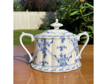 Vintage &quot;Rose Brocade&quot; Fine Porcelain Blue & Cream Lidded Sugar Dish with Handles by Skye McGhie
