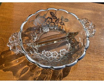 Vintage Silver City Blossom Time Two Divided Relish Handled Dish w/Sterling Silver Overlay Ruffled Edge Bowl