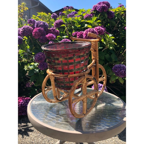 Shops Vintage 1970s Bamboo Rattan Basket Bike Plant Holder Indoor Planter
