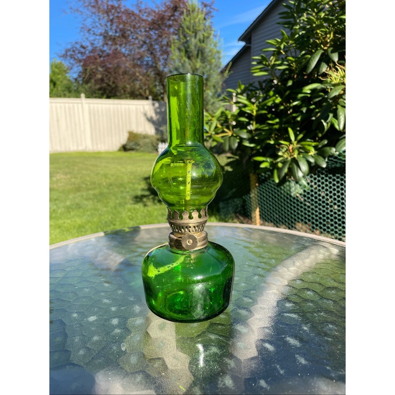 Vintage Dated 1960s Green Glass Oil Lamp/kerosene Lamp/mini Etsy
